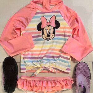 New Disney Junior Minnie Mouse Swimsuit Size 5 with water shoes size 9/10